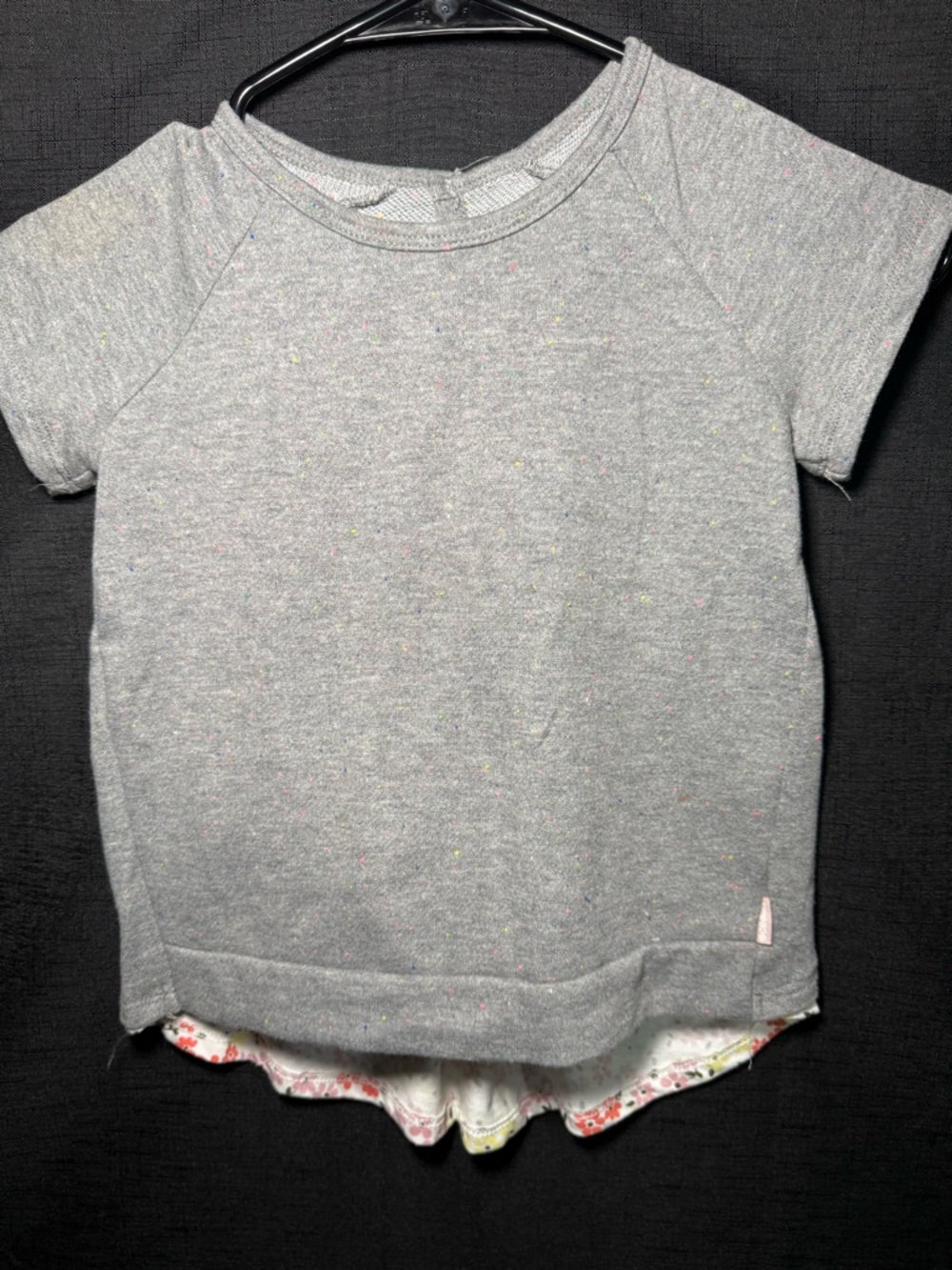 BCBGirls Gray Layered-Look Short Sleeve Top with Floral Hem